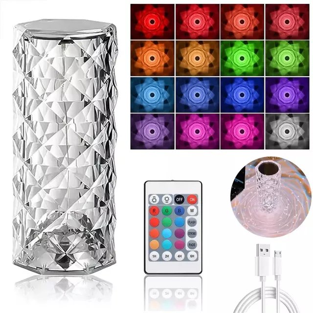 Crystal Rose Diamond Table Lamp – 16 RGB Colors