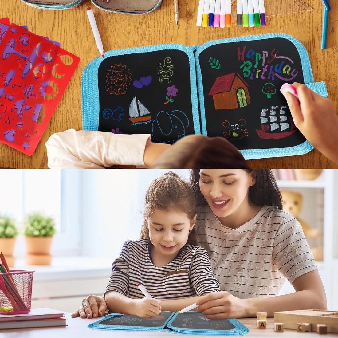 Erasable waterproof doodle activity with 3 markers